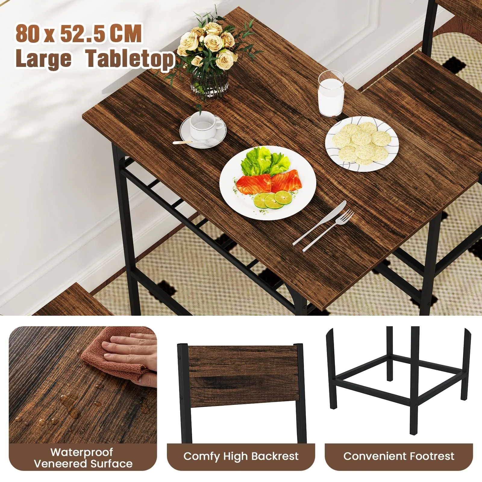 Costway Dining Table Set for 2 3-Piece Wood Rectangular Table & Chair Set w/ Metal Frame in Brown 3