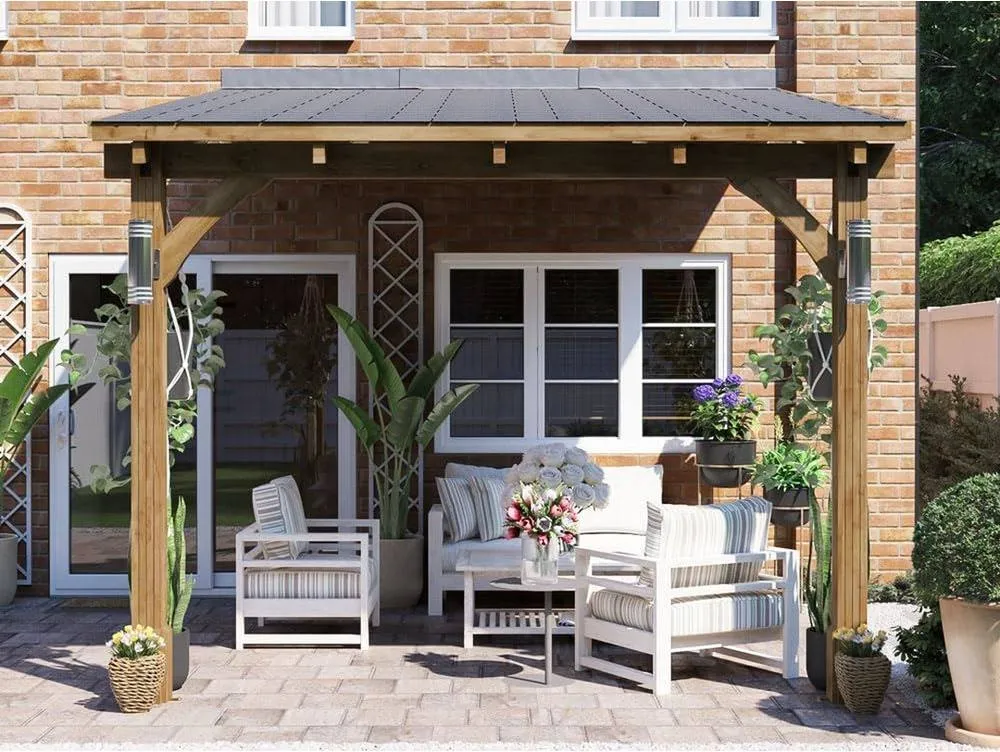 Dunster House Lean To Wooden Gazebo Canopy with Shingles 3m x 3m - Leviathan in Brown 3