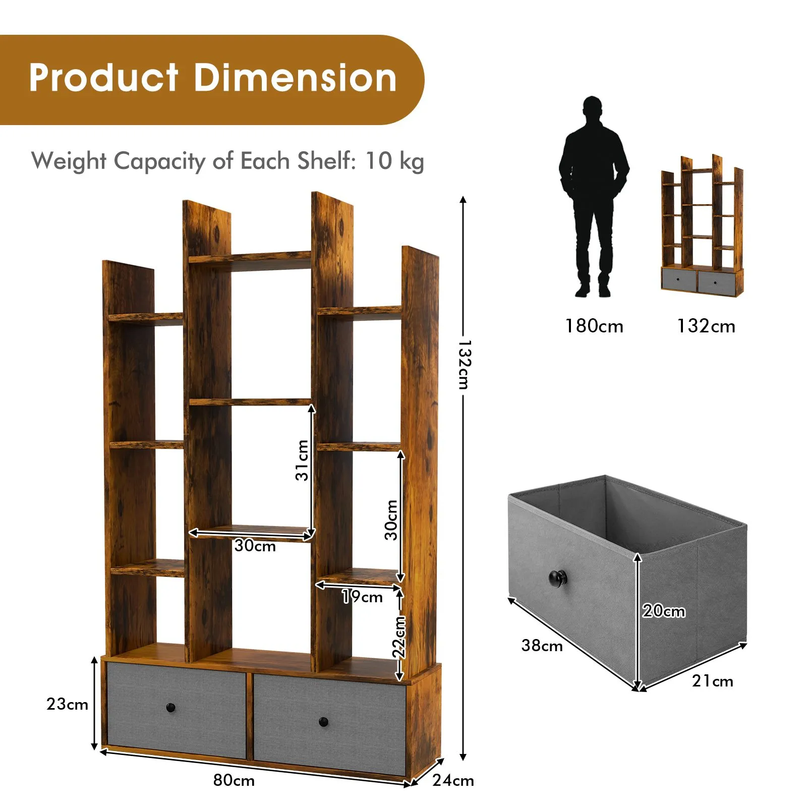 Costway 12 Tier Bookshelf Open Storage Wood Bookcase Organizer Display Shelf in Brown 5