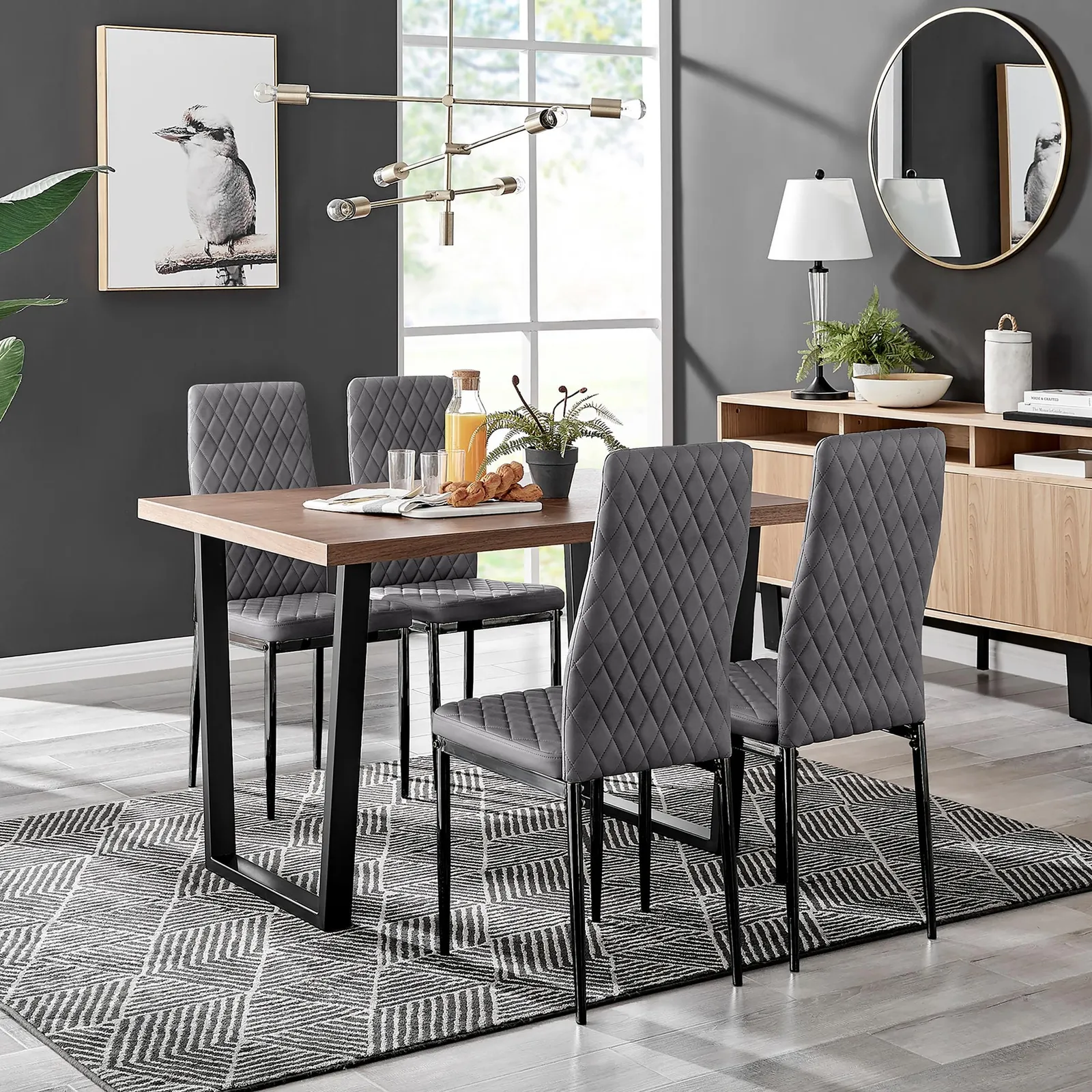 FurnitureboxUK Kylo Brown Wood Effect Dining Table With Black 'U' Legs & 4 Milan Velvet Chairs in Grey 1