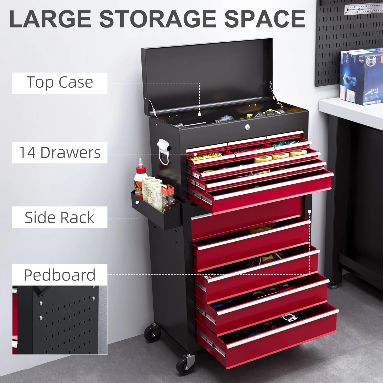 HOMCOM Rolling Tool Cabinet on Wheels with 14 Drawers, Pegboard & Side Rack, Lockable Top Tool Chest & Roller Cabinet Combo for Workshop & Hom in Red 4