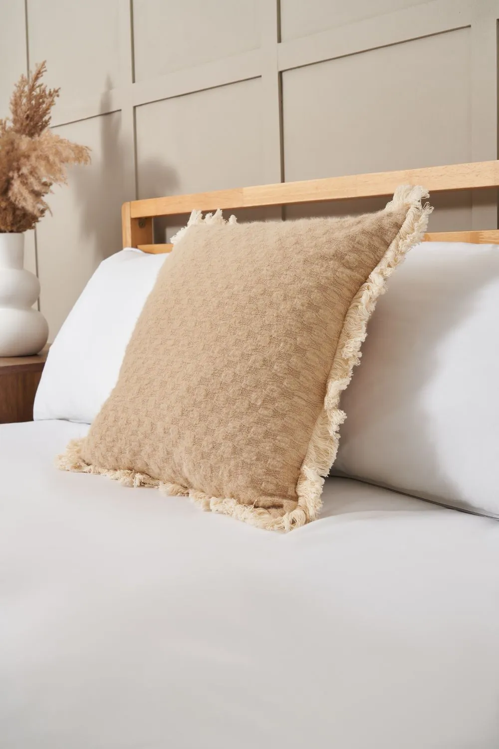 BHS Small Checkerboard Cushion with Fringe in Natural