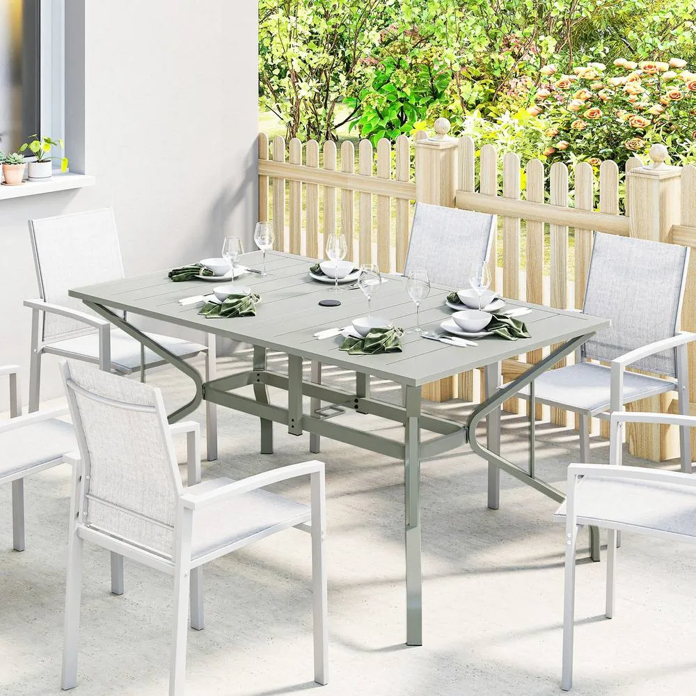 OUTSUNNY Garden Dining Table with Steel Frame & Slatted Top, Light Grey