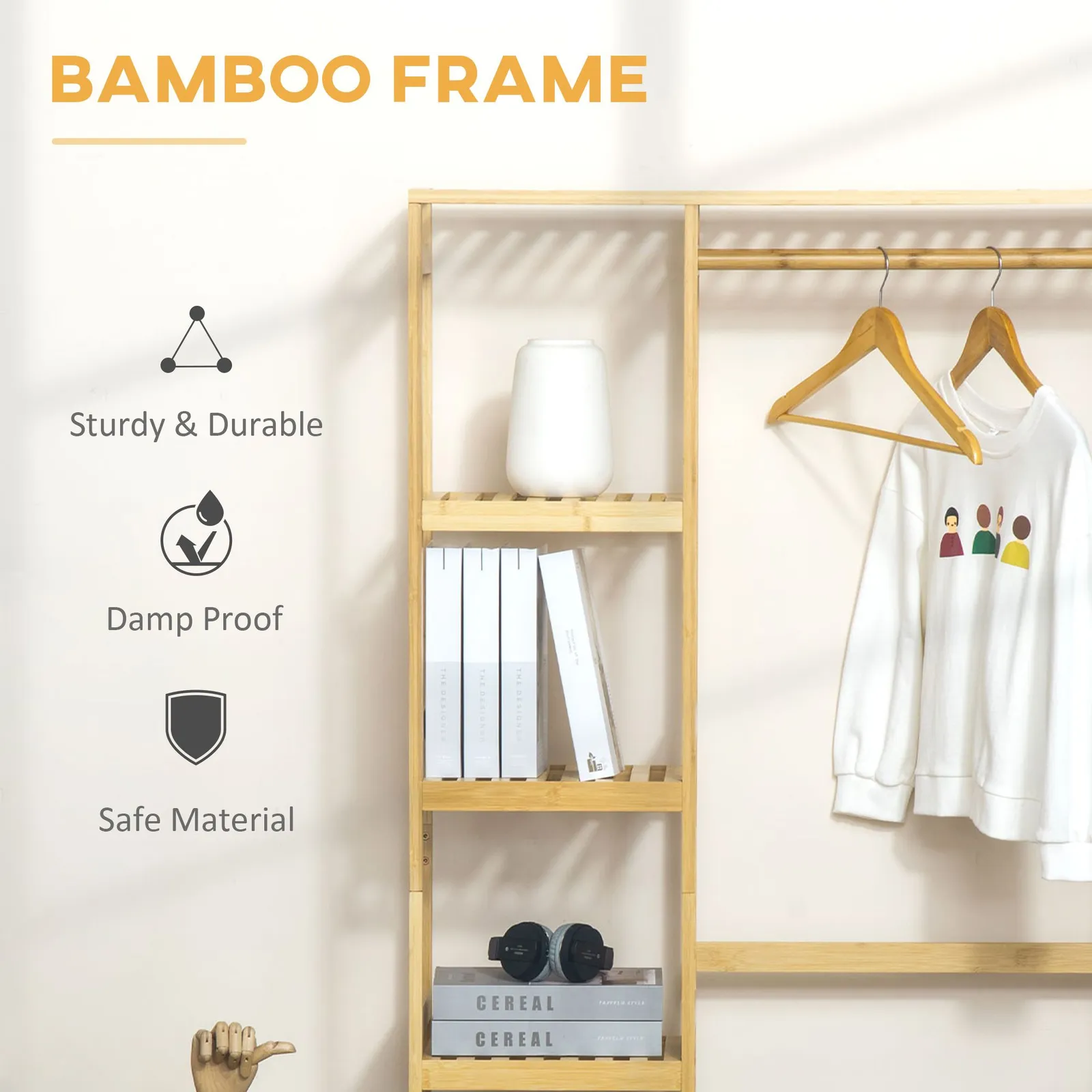 HOMCOM Coat Rack Bamboo Garment Rack with Storage Shelf Hanging Rail in Light Brown 6