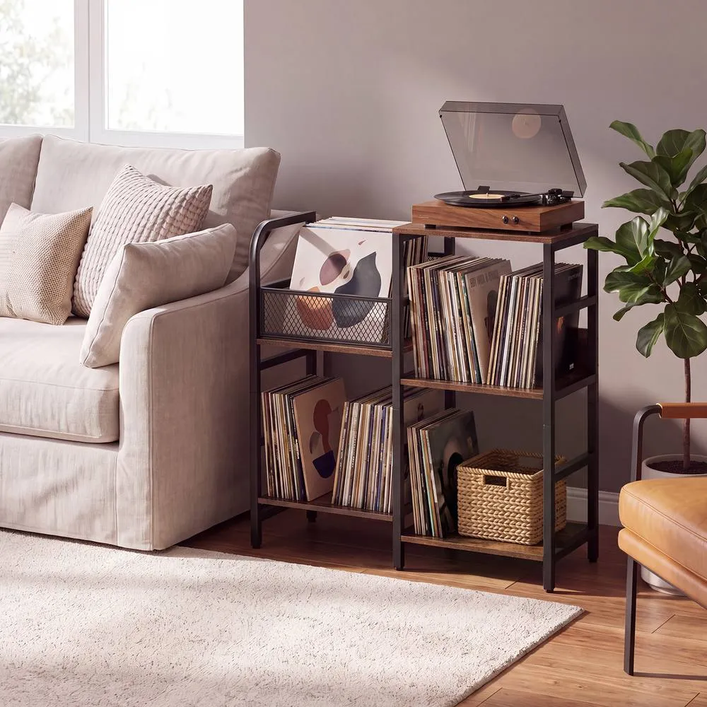 Costway Industrial Turntable Stand with Record Storage Medial Console Rack in Brown 3