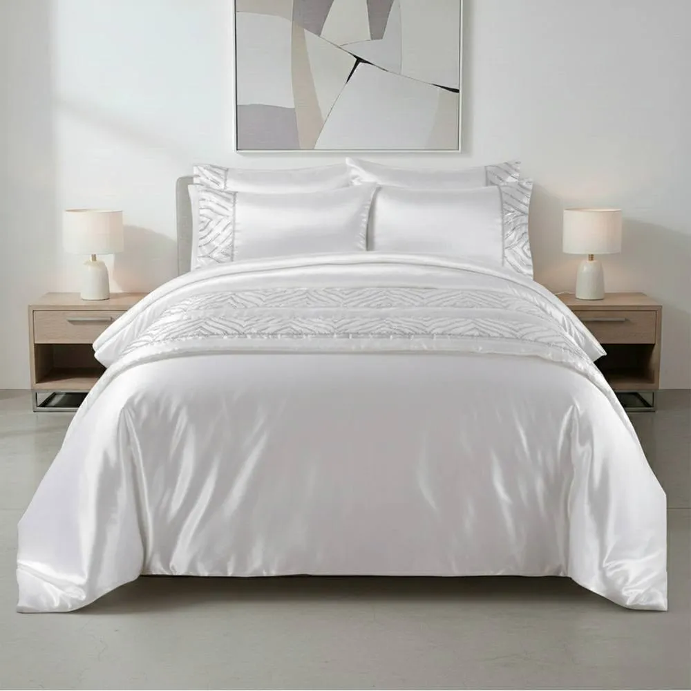 Snug City Shimmer Duvet Cover Set Luxury Bedding with Elegant Metallic Finish in White