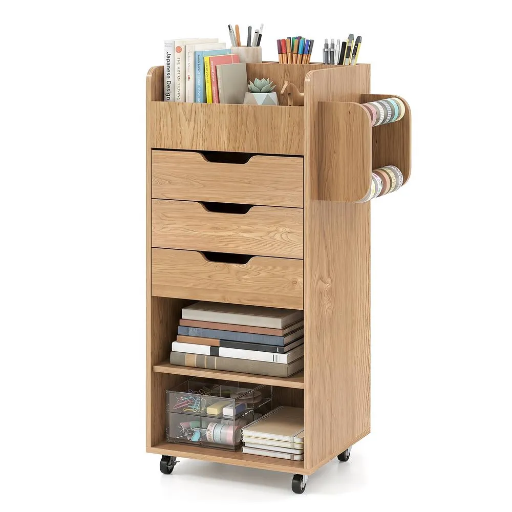 Costway Rolling Storage Cart Mobile Storage Cabinet with 3 Drawers in Natural