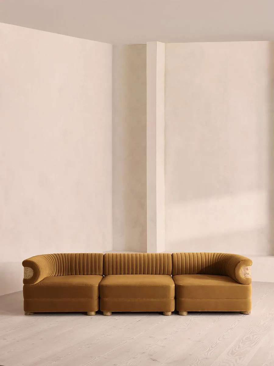 Caleb Modular Four Seater Sofa, Velvet, Mustard, Blonde Burl