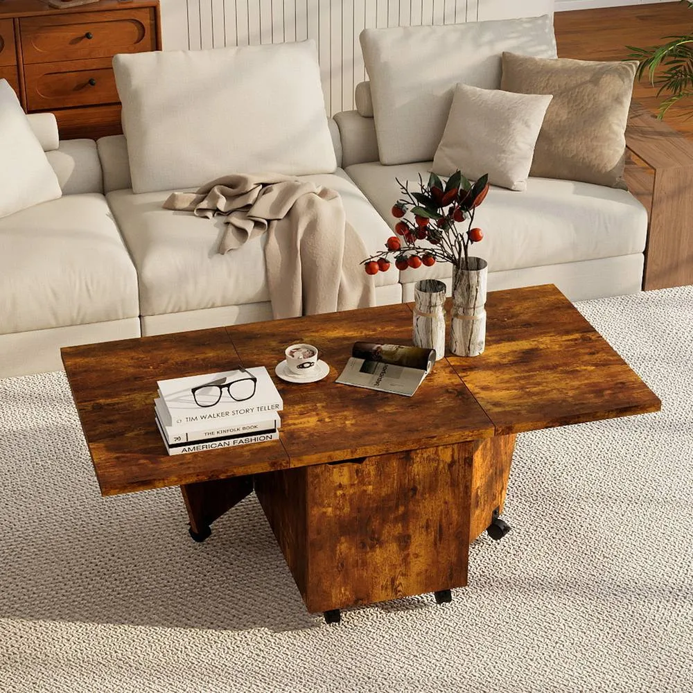 Costway 120cm Extendable Center Table Foldable Coffee Table w/Storage in Walnut 5