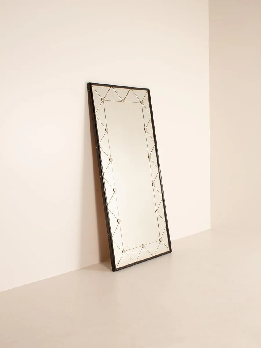 Vintage Studded Mirror, Ebonised Wood and Chrome, France