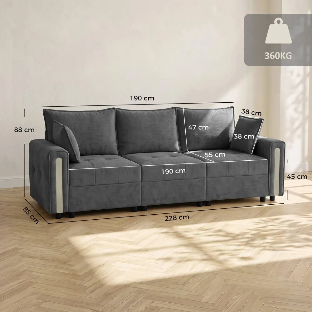 HOMCOM 3 Seater Sofa with Lift-Up Storage, 228 cm Velvet Couch, Dark Grey 3