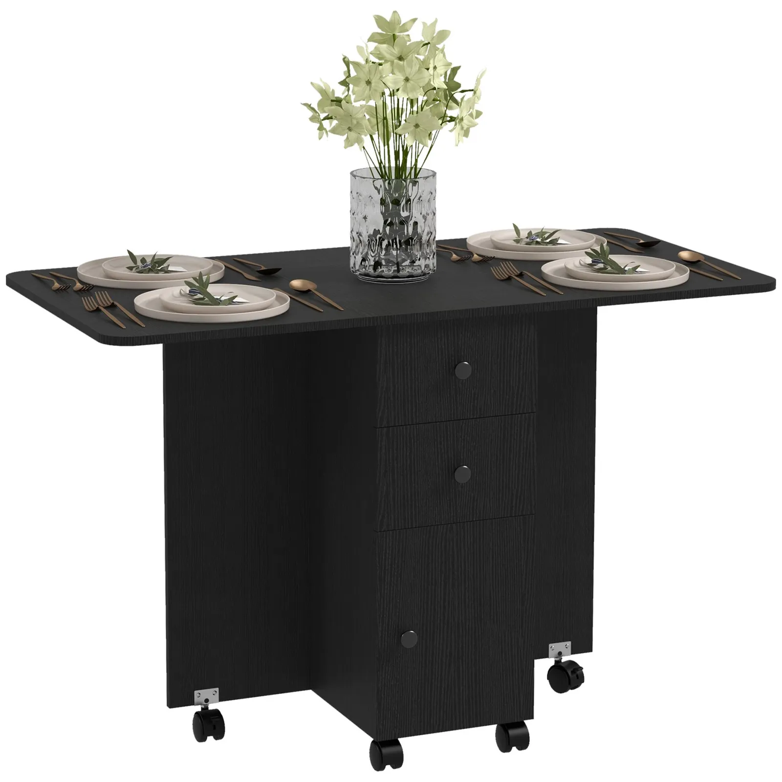 HOMCOM Folding Dining Table, Drop Leaf Table With Drawers in Black 2