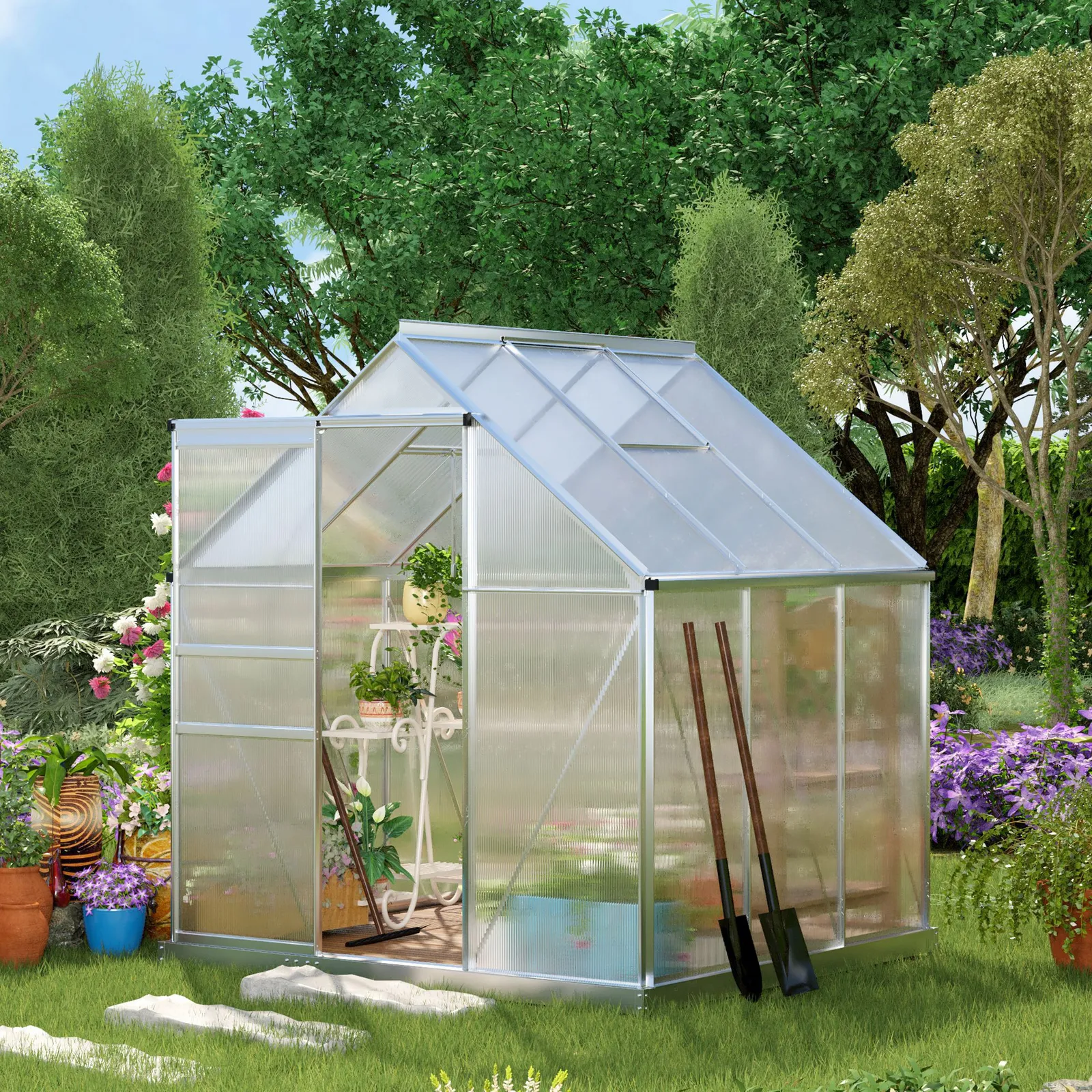 OUTSUNNY Polycarbonate Walk-in Garden Greenhouse w/ Sliding Door Silver Tone