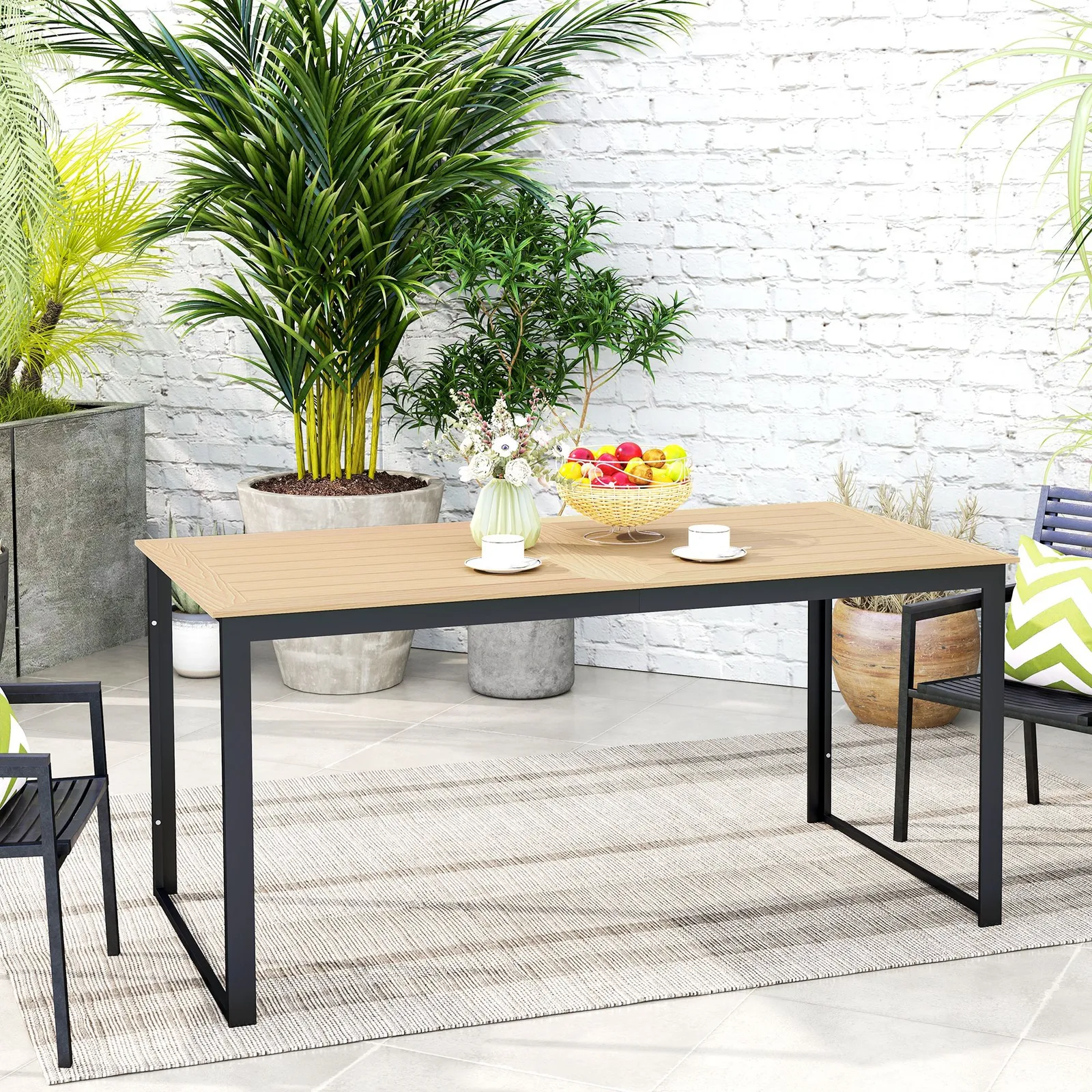 OUTSUNNY Garden Table for 6 People with Slatted Table Top, Metal Frame, Teak in Light Brown