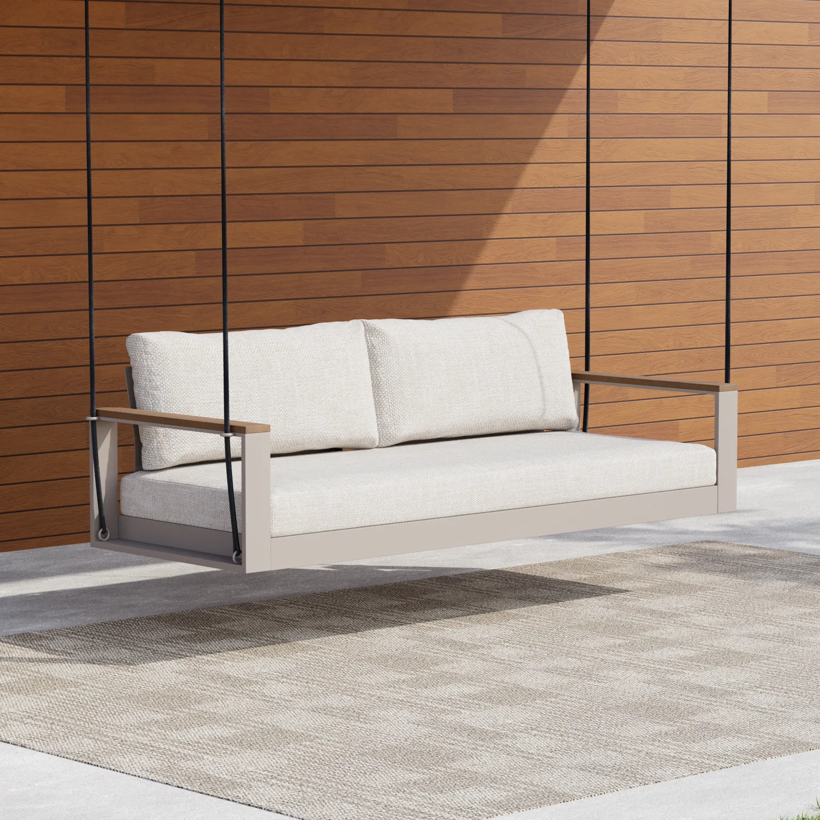 Tevara 2 Seater Solid Wood Garden Hanging Chair Sofa Porch Swing Bench in Warm White Cushion & Pillow Included