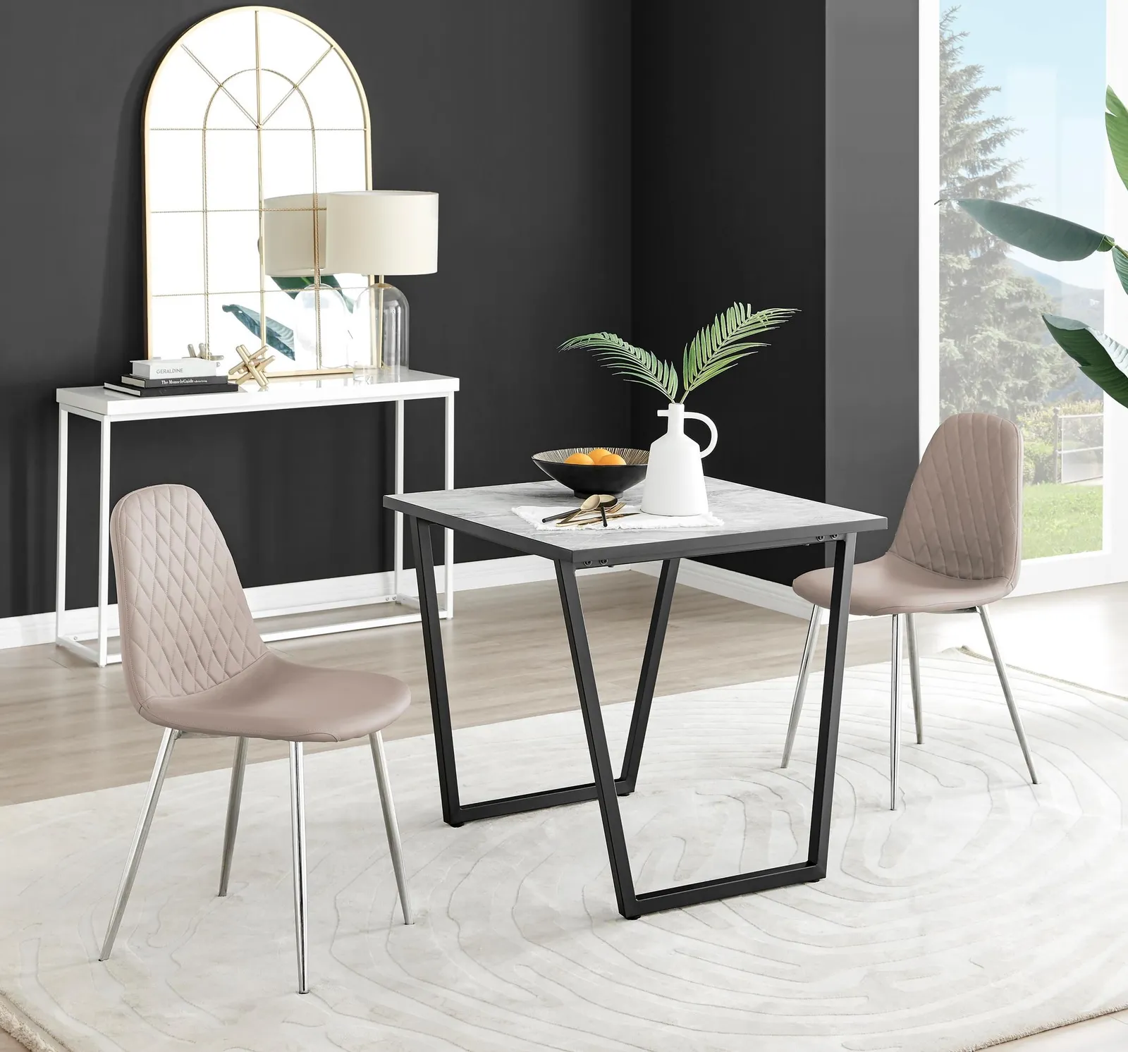 FurnitureboxUK Carson White Marble Effect Square Dining Table & 2 Faux Leather Corona Silver Chairs in Beige