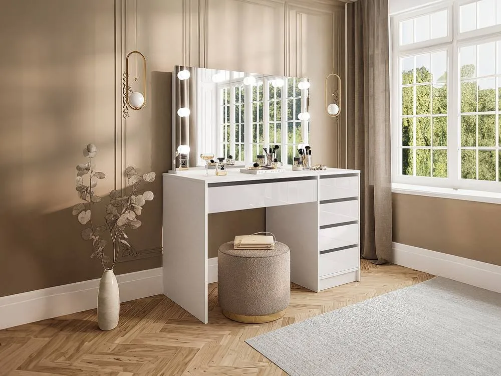 Vente-unique Dressing Table With LED Mirror - 5 Drawers - Gloss White - JENEMI 3
