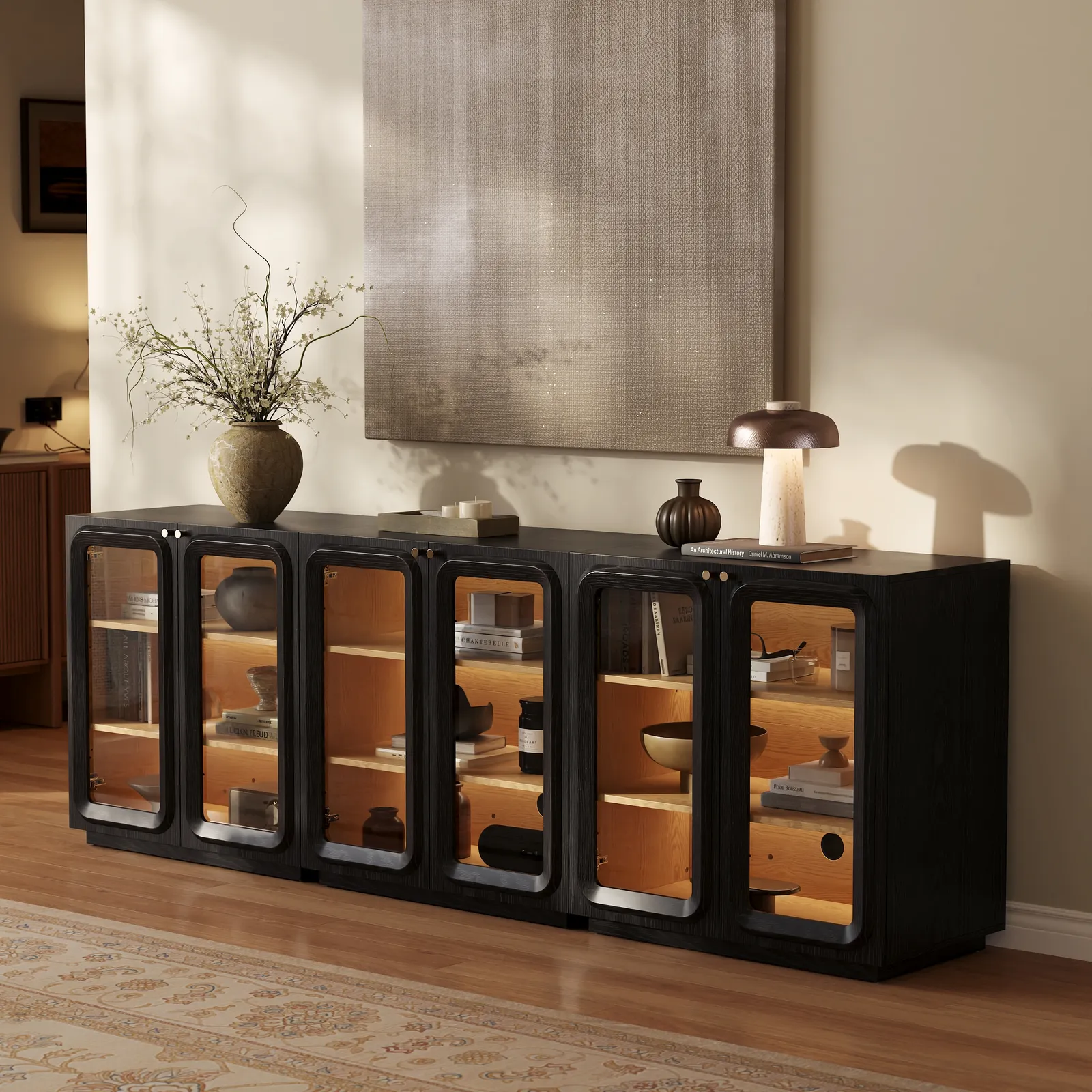 94" TV Stand with Chest Cabinet featuring storage and LED