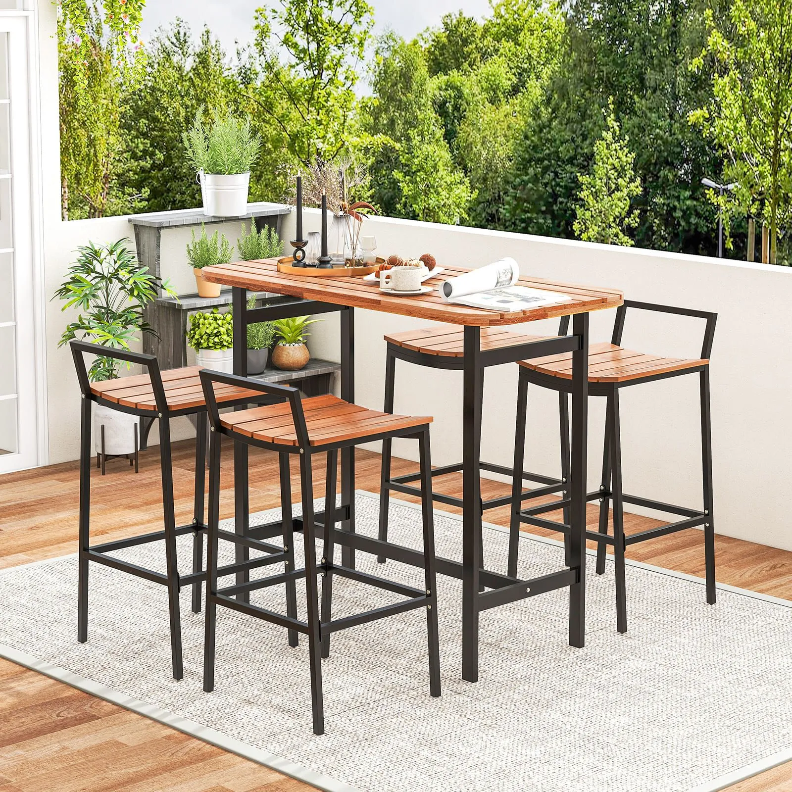 Costway 5Pcs Acacia Wood Bar Table Set Outdoor Bar Height Table & Chairs in Natural 4