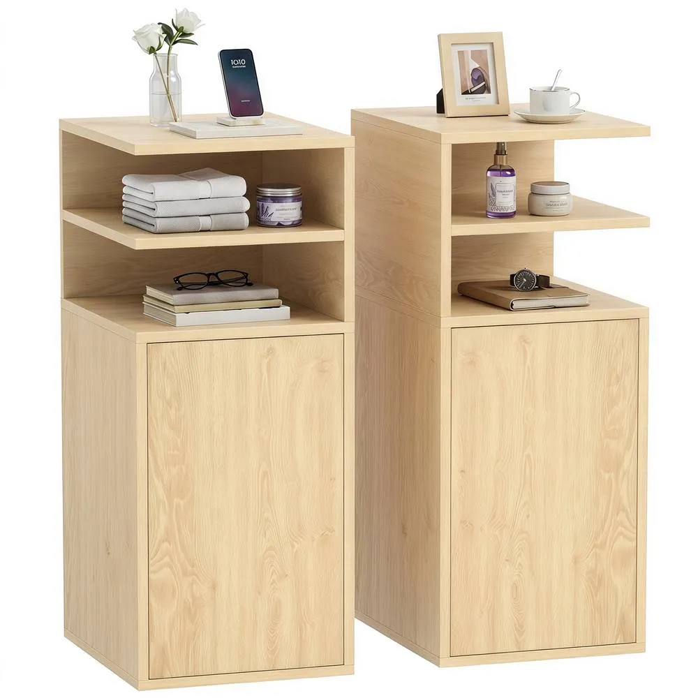 HOMCOM Slim Bedside Table Set of 2 with Open Cubbies & Cupboard in Light Oak 2