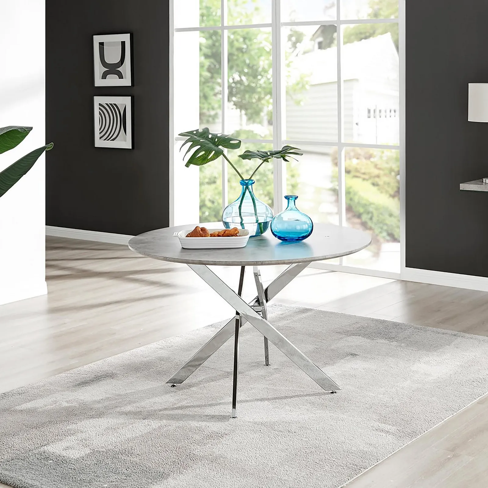 FurnitureboxUK Novara 120cm Round 6-Seater Dining Table With Silver Chrome Legs in Grey 1