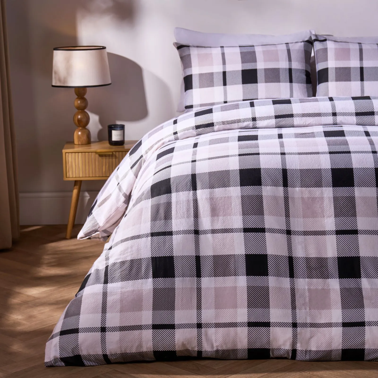 OHS Farmers Check Tartan Brushed Cotton Duvet Cover with Pillowcase Bedding Set in Beige