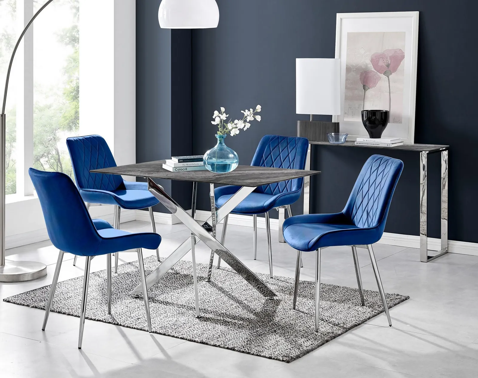 FurnitureboxUK Leonardo Grey Glass Marble Effect Silver Leg Table & 4 Pesaro Silver Chairs in Navy 1