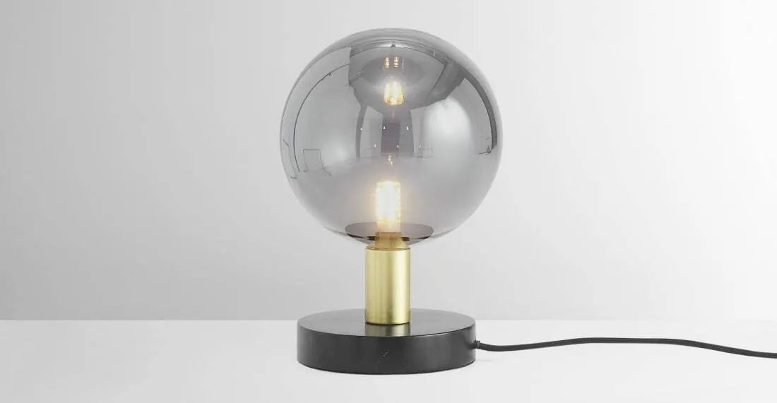 Boll Table Lamp, Black Marble, Brass & Smoked Glass