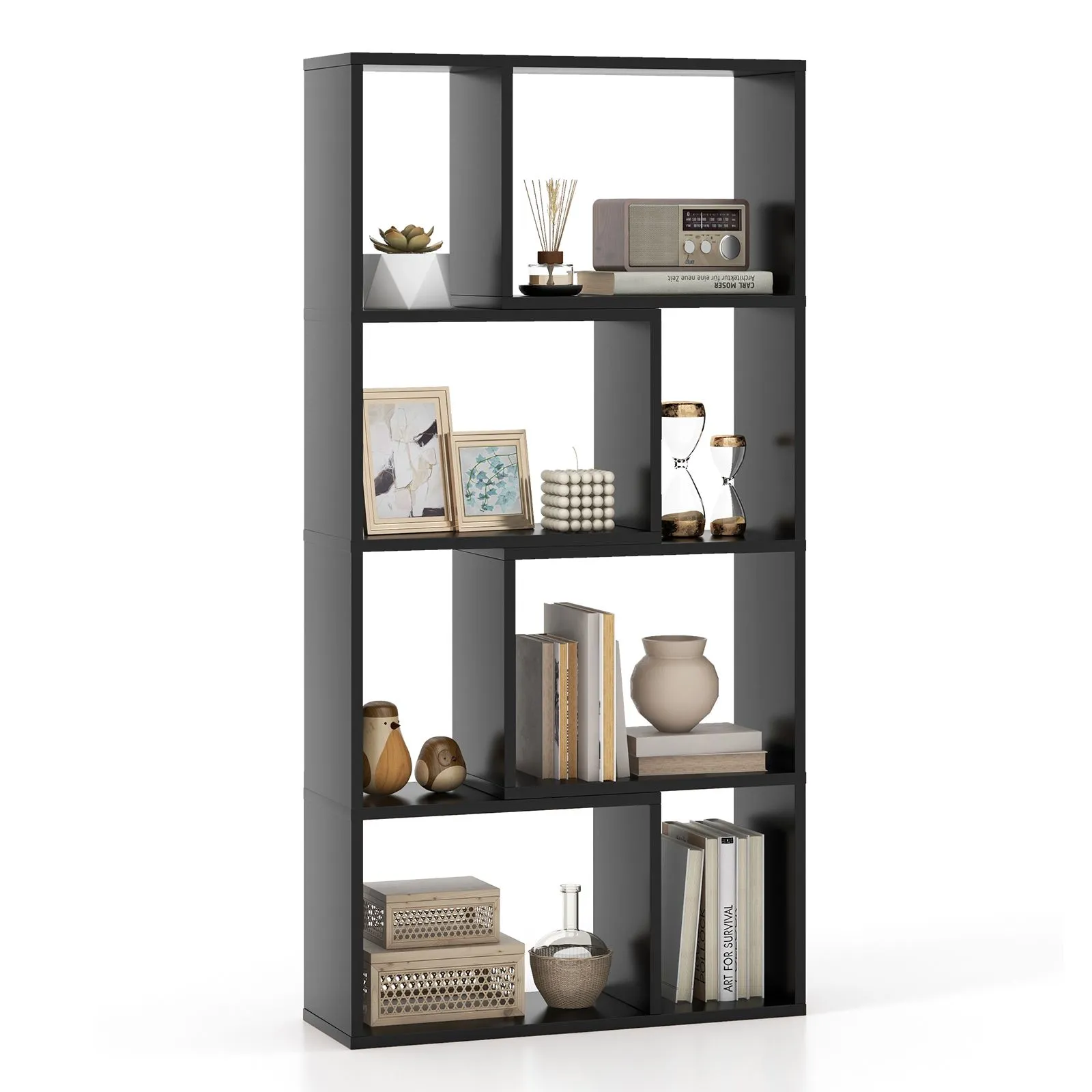 Costway 5-Tier Geometric Bookshelf 120 CM Tall Bookcase Modern 8-Cube Display Shelving in Black