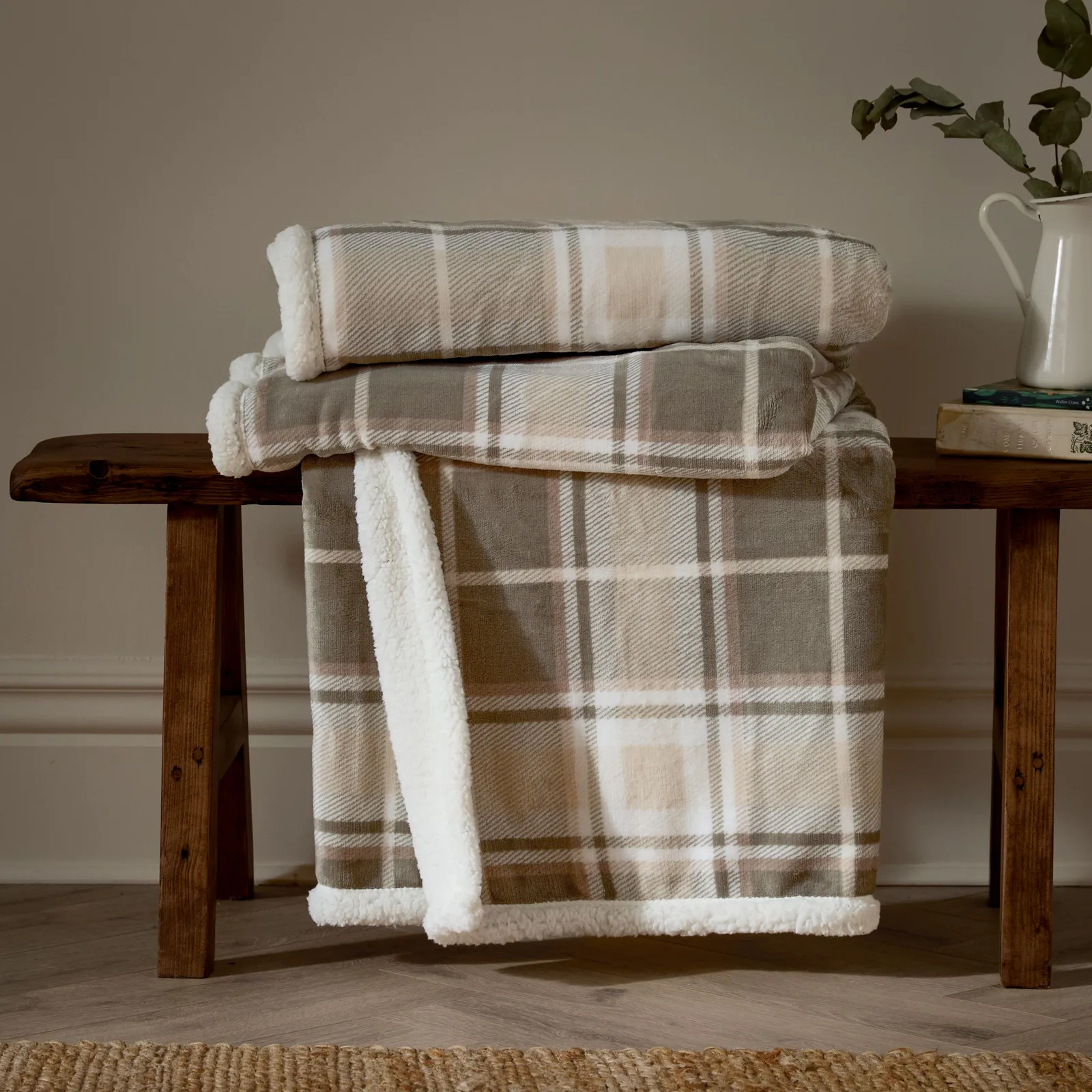 Wylder Nature Braemar Sherpa Tartan Fleece Throw in Beige