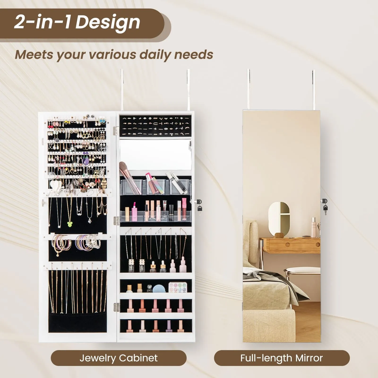Costway Door Hanging Jewellery Cabinet Wall Mounted Jewelry Armoire w/ Full Length Mirro Lockable Cosmetics Jewellery Organiser Unit in White 6