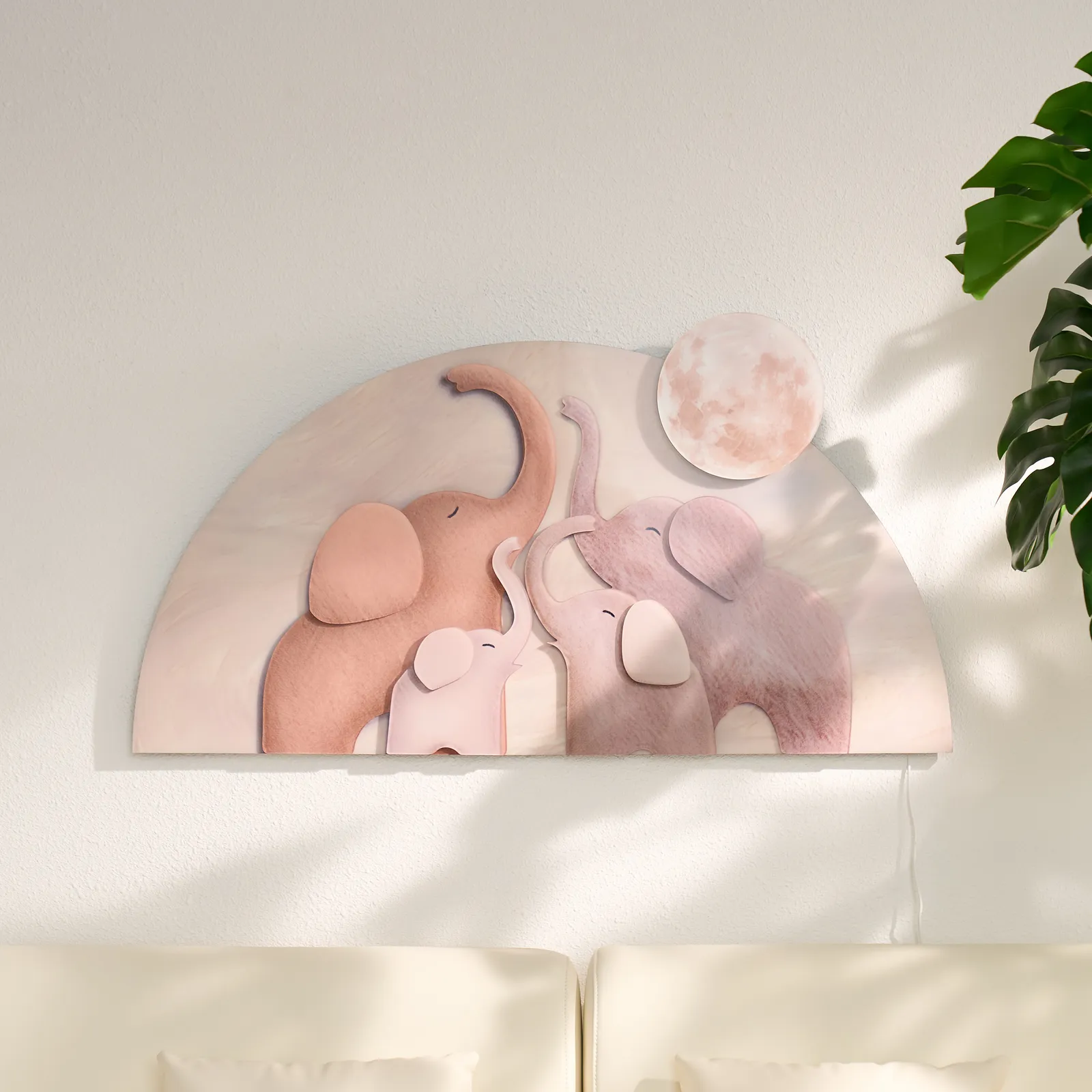 55 cm x 100 cm Arched LED 3D Acrylic Elephant Moon Wall Sculpture Art Decor Living Room Bedroom Nursery, Dimmable