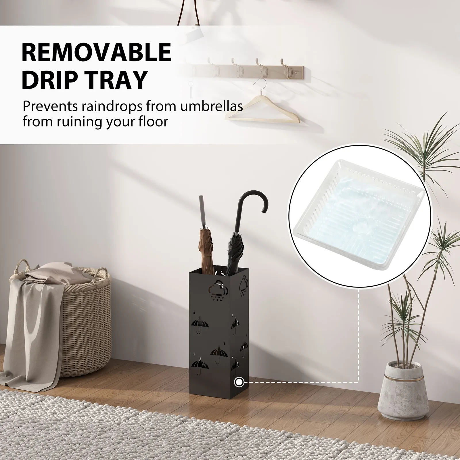 HOMCOM Decorative Umbrella Holder w/ Drip Tray 4 Hooks for Entryway Black 4