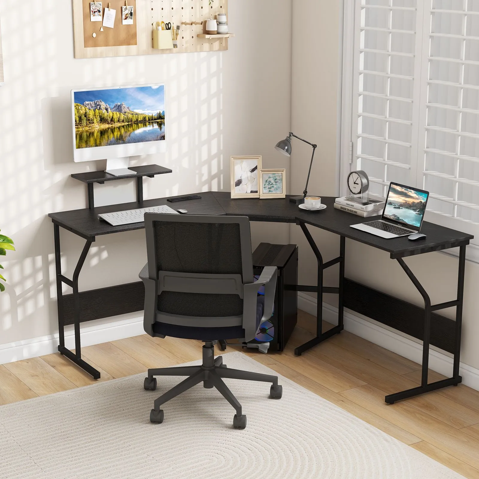 Costway L shaped Desk Long 2 Person Corner Computer Desk with Monitor Stand in Black 3
