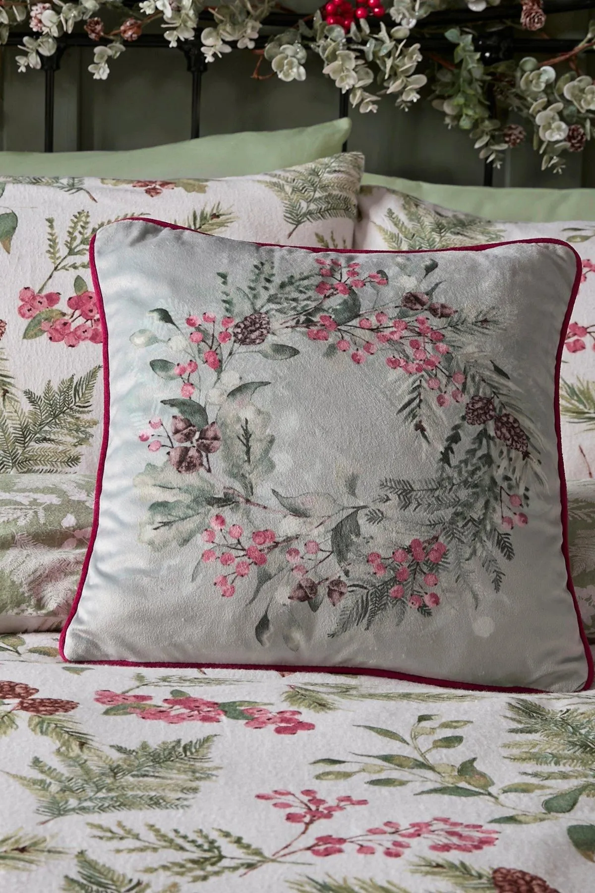 Dreams & Drapes 'Winter Sprigs' Floral Wreath Velvet Filled Cushion in Green 4