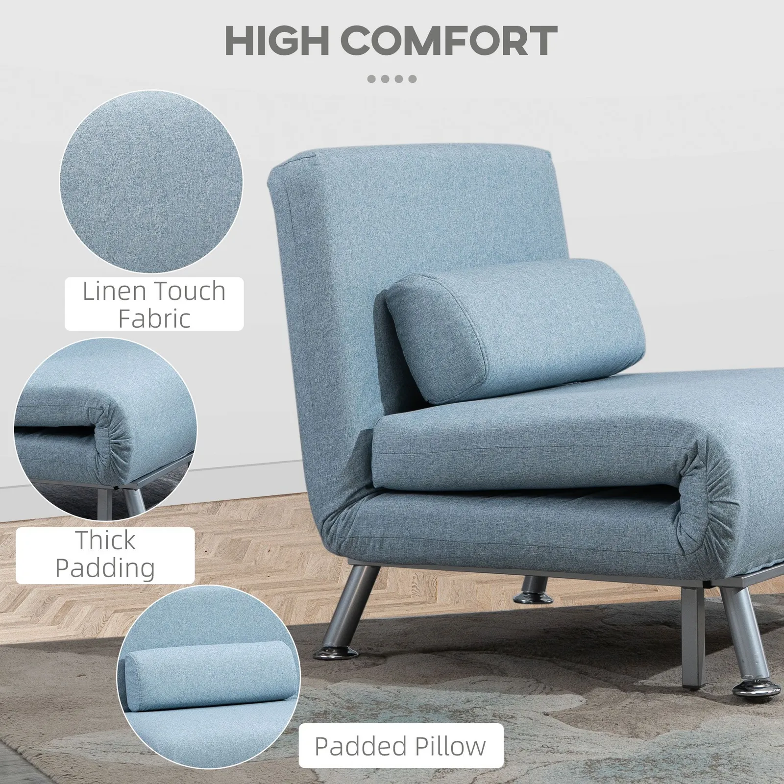 HOMCOM Single Folding 5 Position Convertible Sleeper Chair Sofa Bed in Blue 5