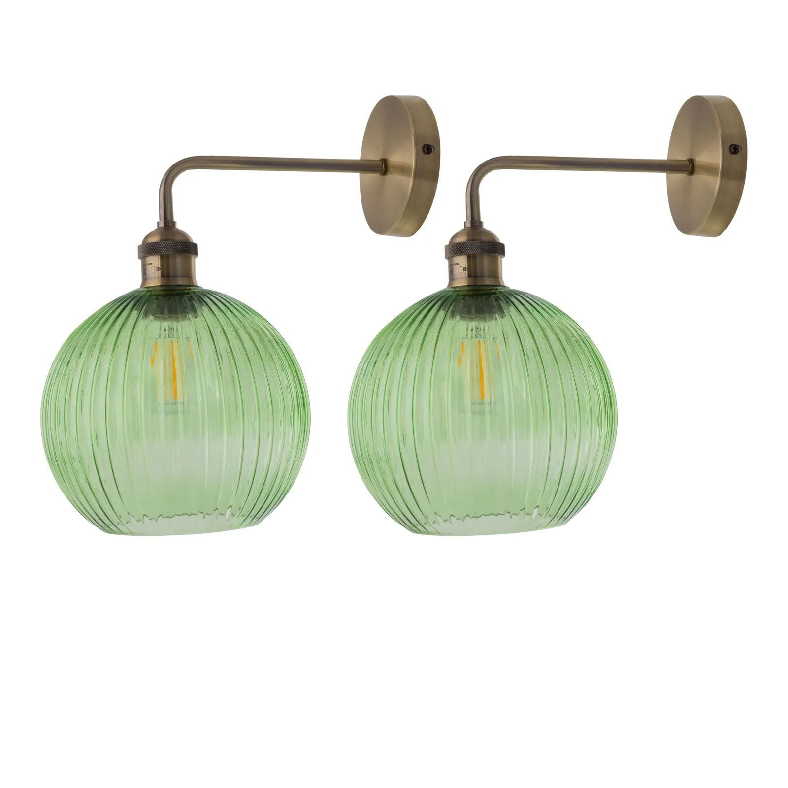 First Choice Lighting Set of 2 Isaac - Antique Brass Wall Lights with Green Ribbed Shades in Bronze