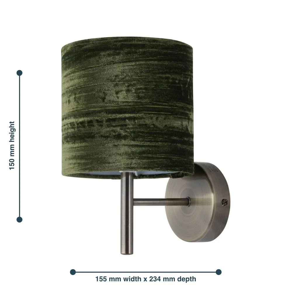 First Choice Lighting Brea - Antique Brass Wall Light with Green Crushed Velvet Shade in Gold 5