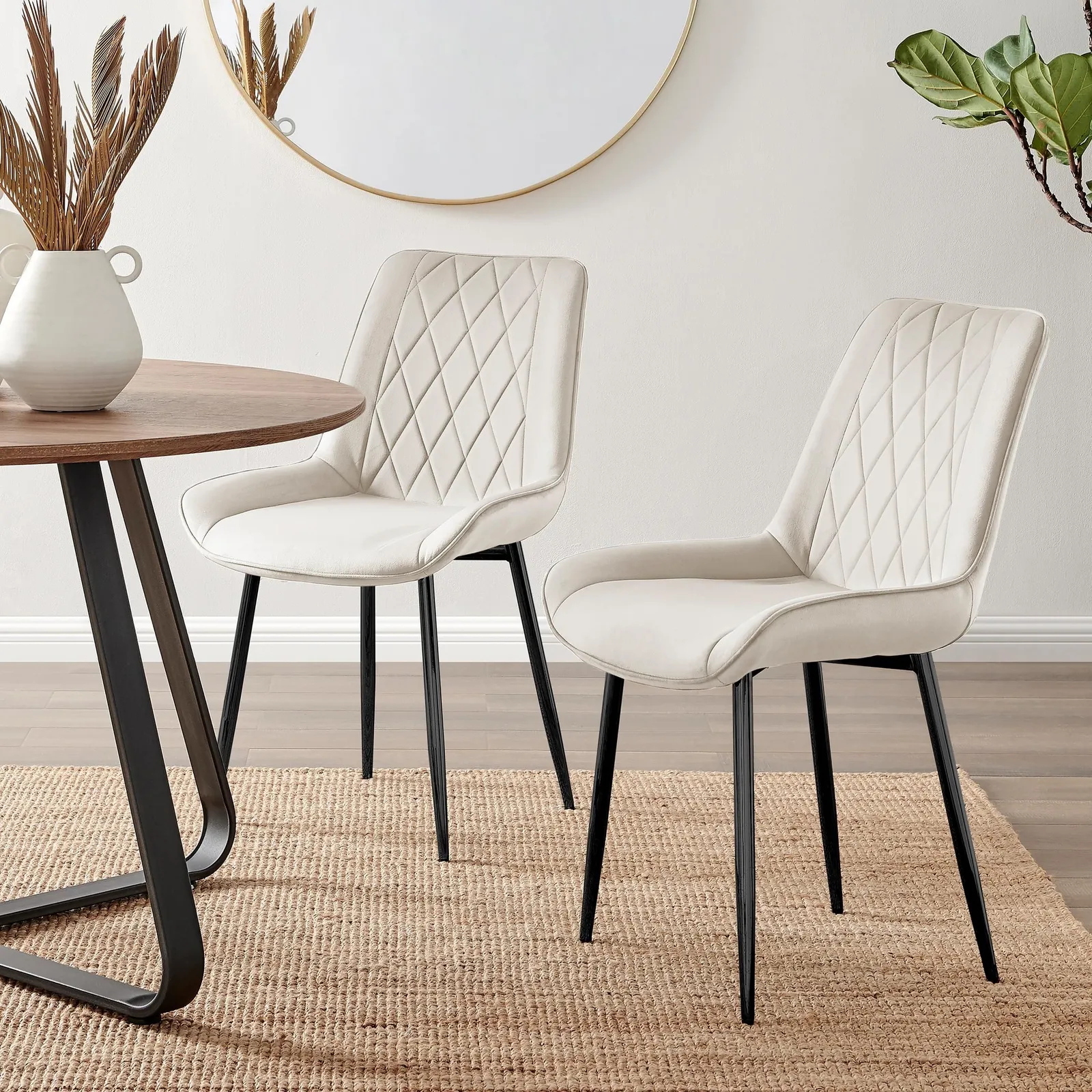 FurnitureboxUK Set of 2 Pesaro Luxury Velvet Dining Chairs With Diamond Stitched Back & Black Metal Legs in Cream
