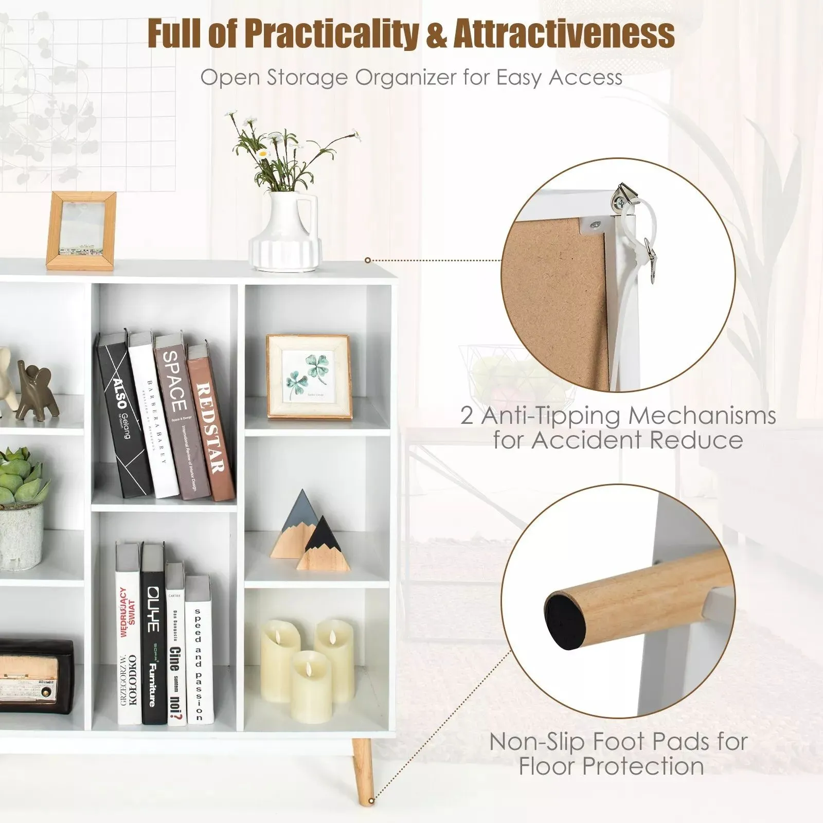 Costway 8-Cube Storage Bookcase Wooden Bookshelf Side Cabinet Freestanding Display Rack in White 5