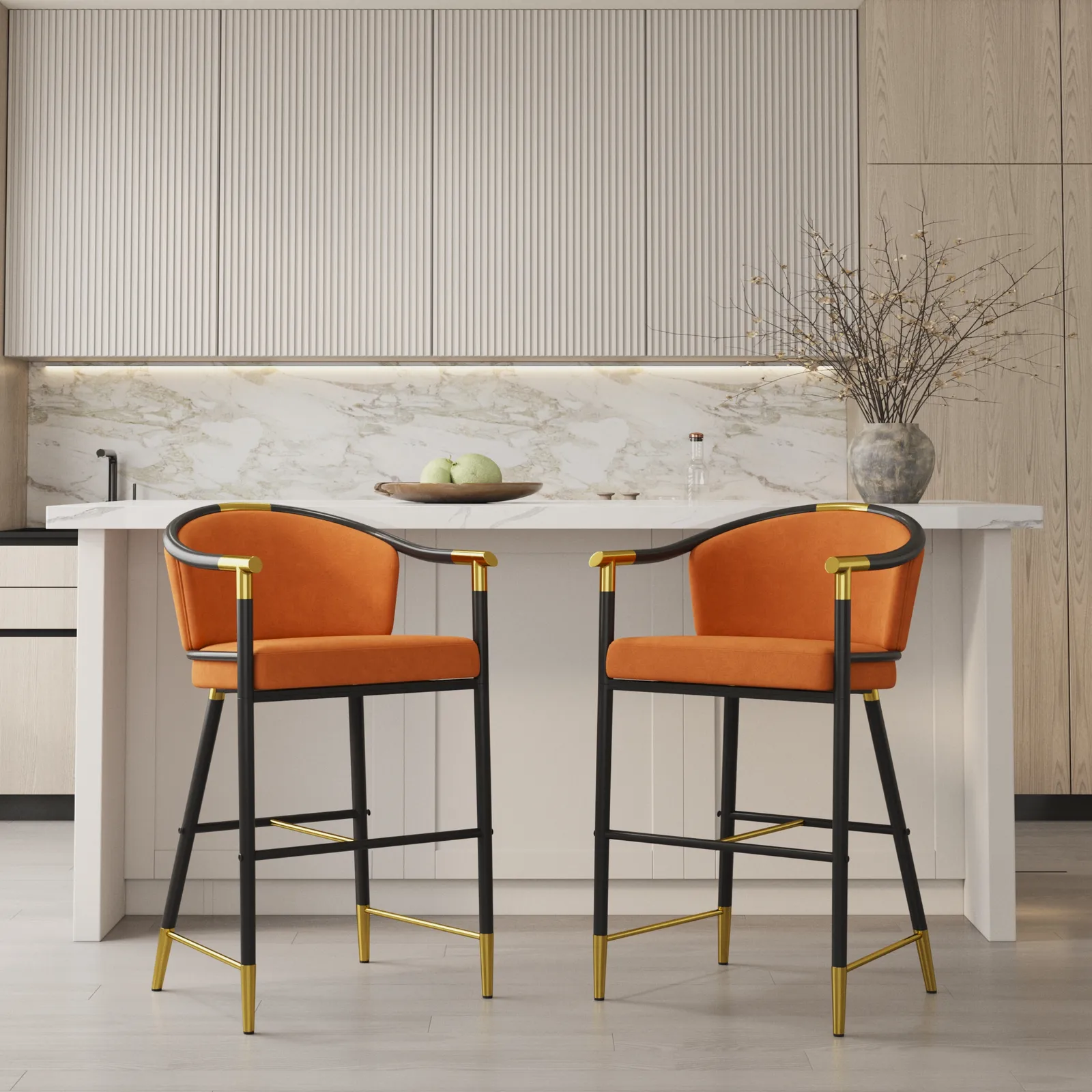 Modern Counter Stools with Velvet Upholstery Orange Bar Stools