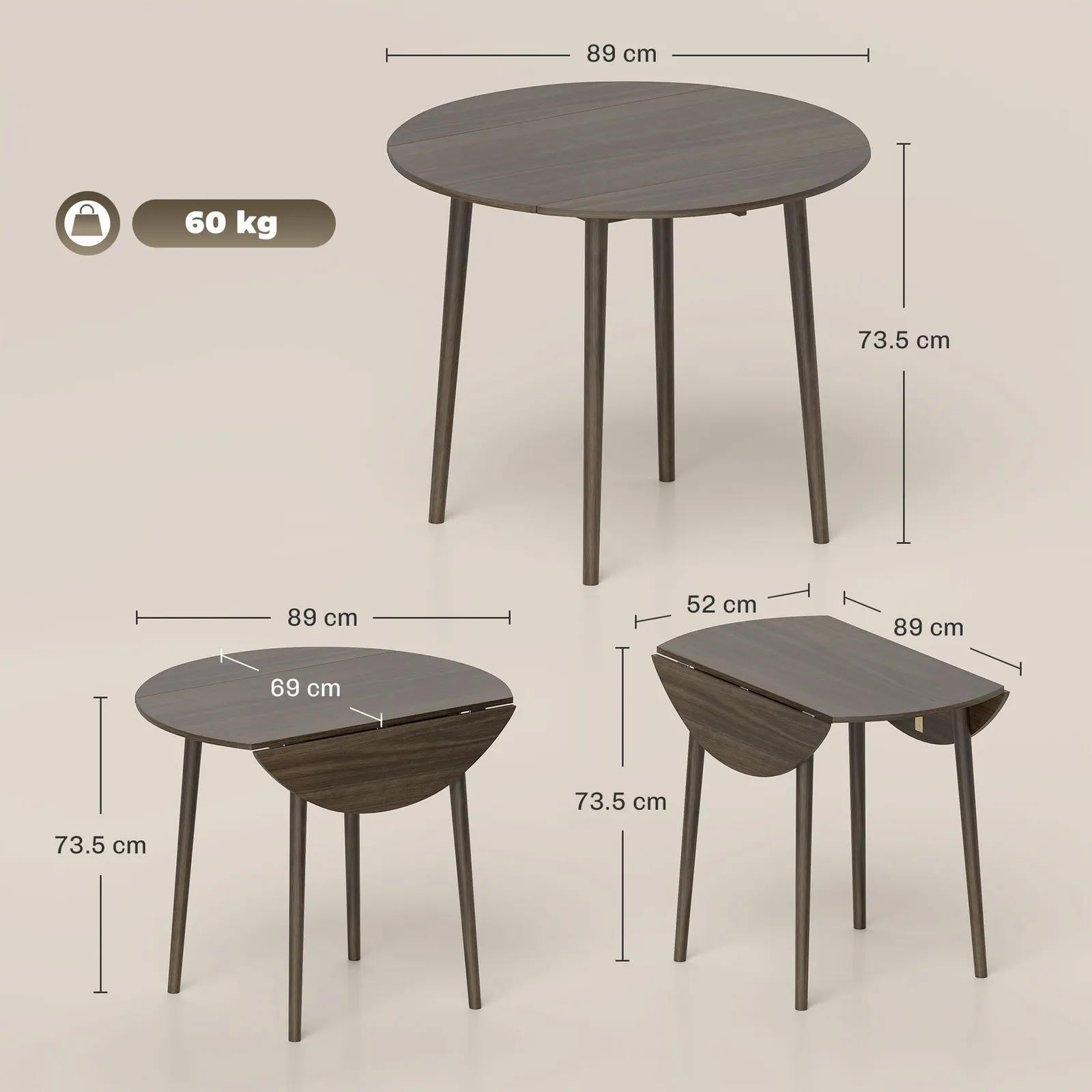 HOMCOM Folding Dining Table for 4, Round Drop Leaf Table, Modern Space Saving Small Kitchen Table with Wood Legs for Dining Room in Grey 3