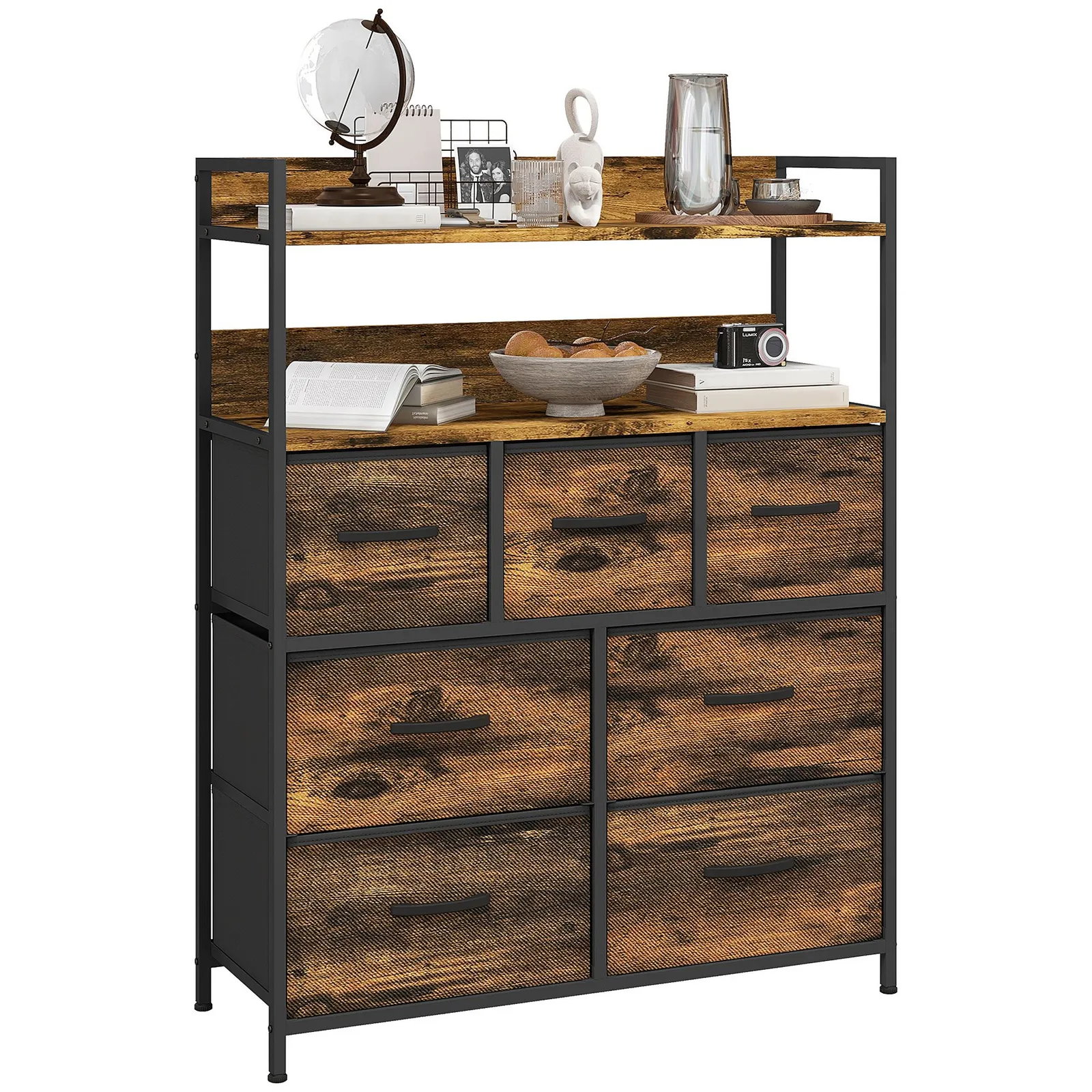 HOMCOM Bedroom Chest of Drawers, Drawer Dresser Storage Organiser Unit w/ Foldable Drawers, Open Shelves & Steel Frame for Living Room, Entryway 2