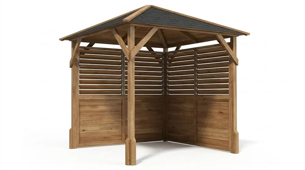 Dunster House Wooden Gazebo with Louvre Wall & Shingles 2m x 2m - Utopia 200 in Brown