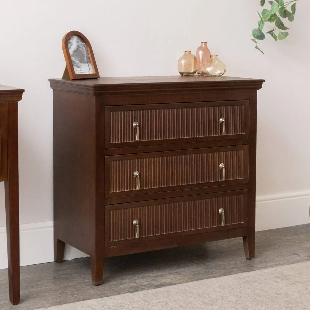 Melody Maison 3 Drawer Dark Wood Reeded Chest Of Drawers - Georgian Range in Dark Brown