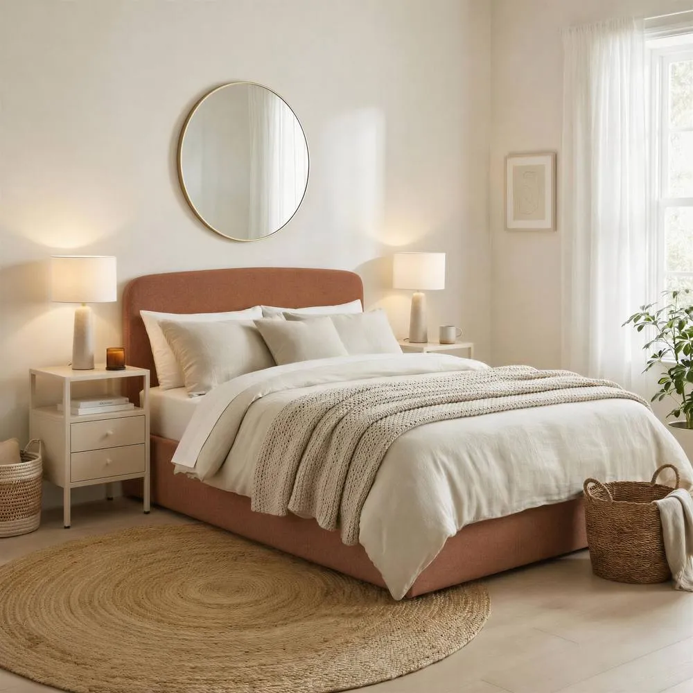 FurnitureboxUK Amelie Fabric Ottoman Bed Frame in Terracotta