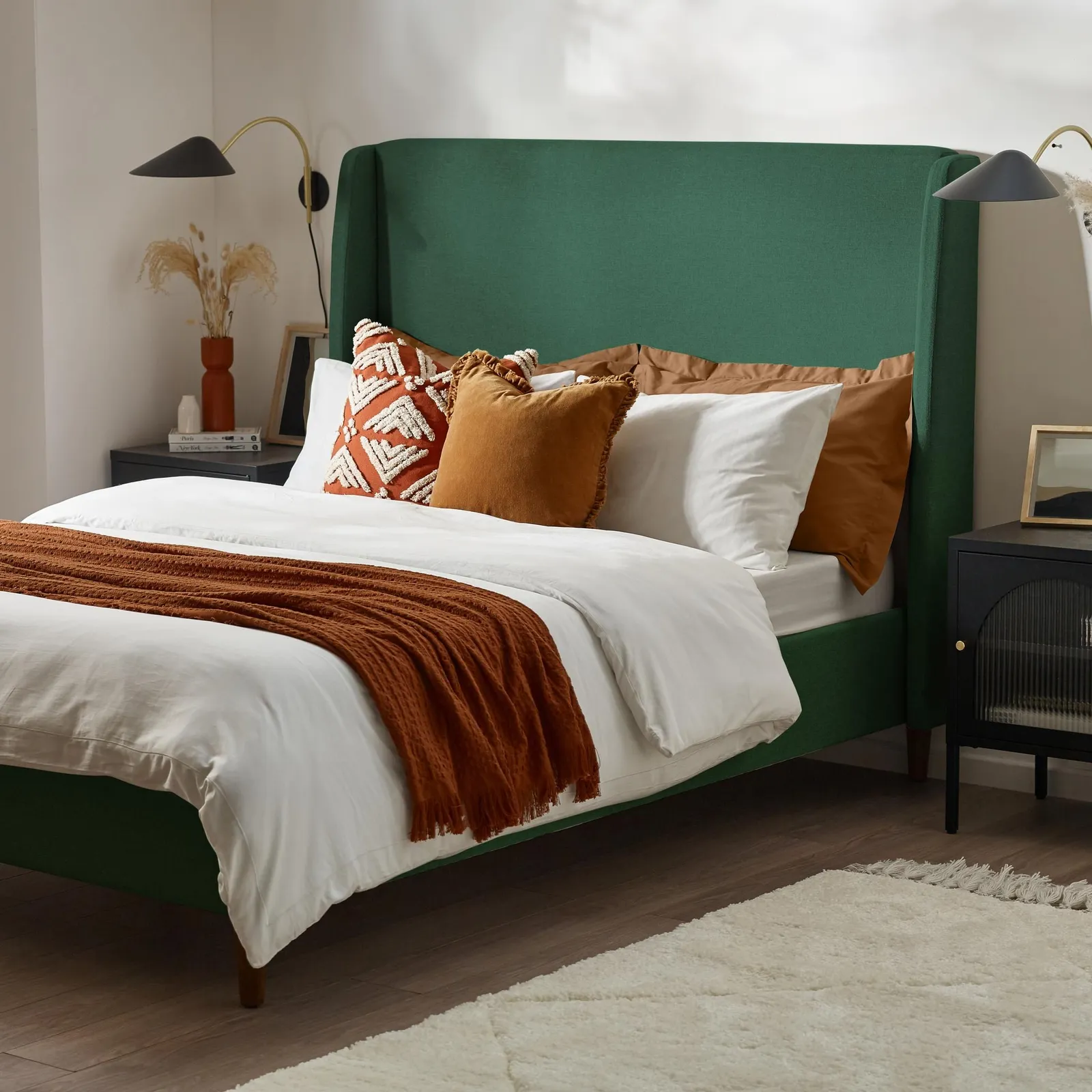 FurnitureboxUK Hana Tall Solid Wood King Or Double Bed Frame In Fabric in Green 3