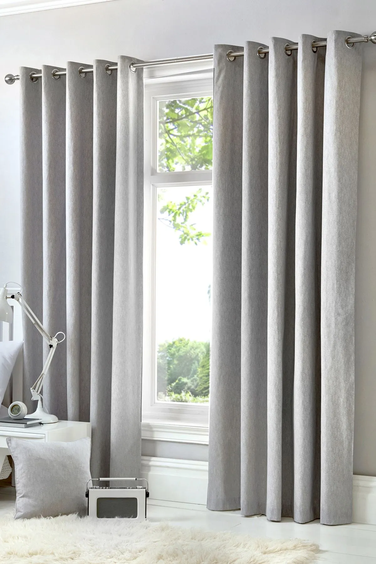 Fusion 'Cannes' 100% Cotton Black Out Plain Dyed Eyelet Curtains in Silver 1