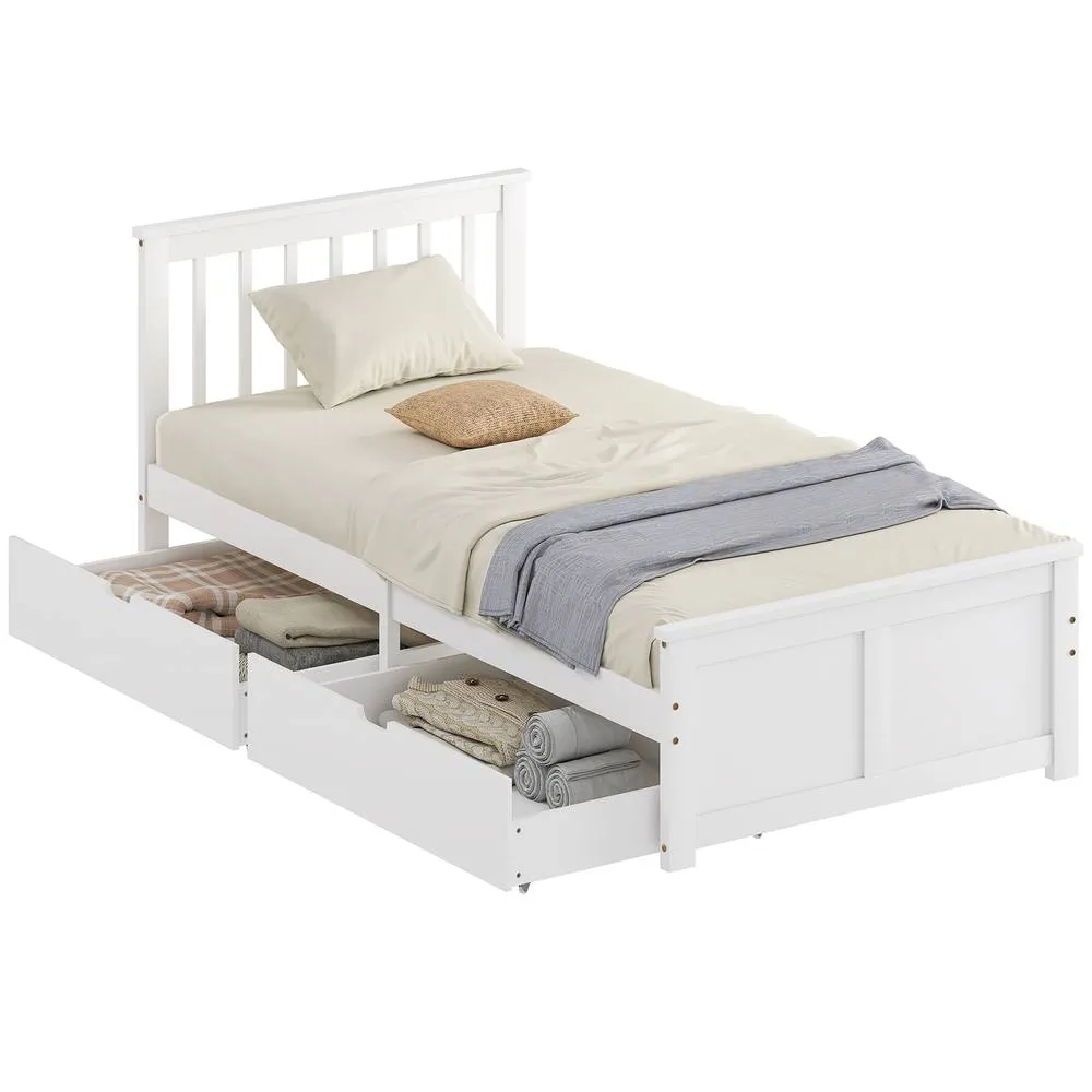HOMCOM Storage Bed with 2 Drawers, Pine Wood Bed Frame, 90 x 190 cm, White 2