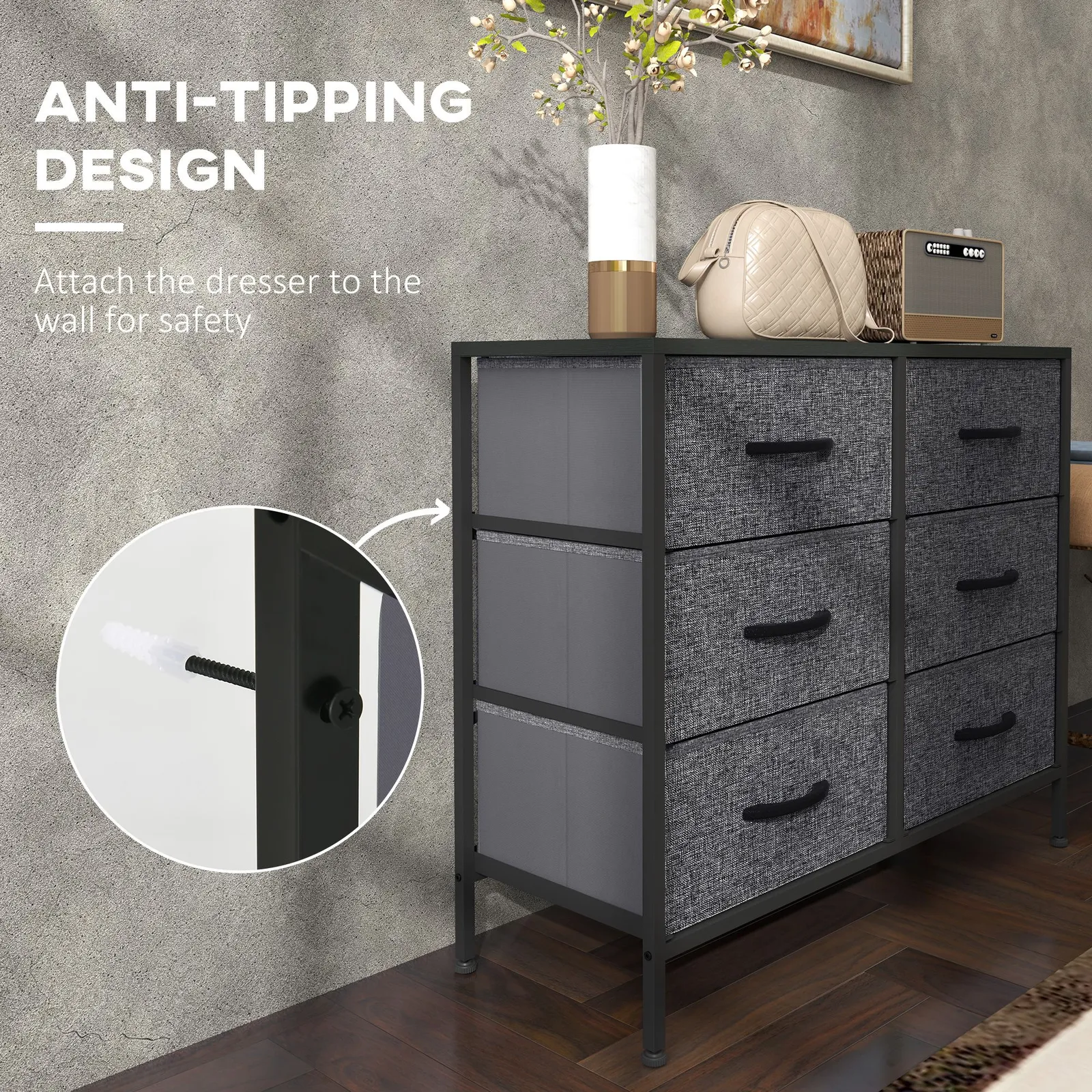 HOMCOM 8 Drawer Fabric Chest of Drawers w/ Wooden Top for Hallway in Black 6